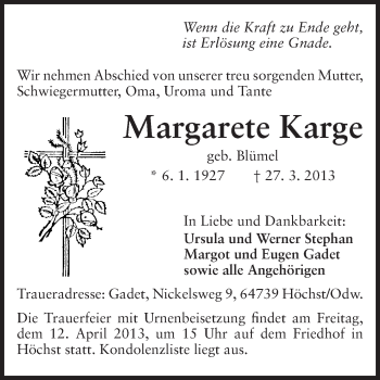 Traueranzeige von Margarete Karge von Odenwälder Echo