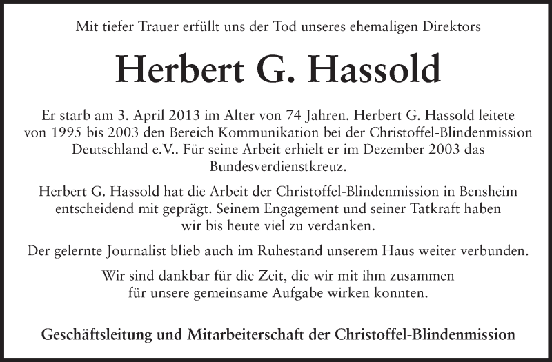  Traueranzeige für Herbert Hassold vom 06.04.2013 aus Starkenburger Echo, Bergsträßer Anzeiger