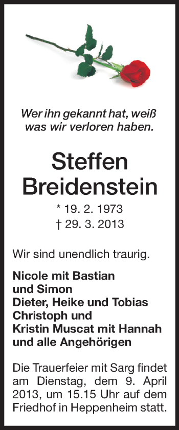 Traueranzeige von Steffen Breidenstein von Starkenburger Echo