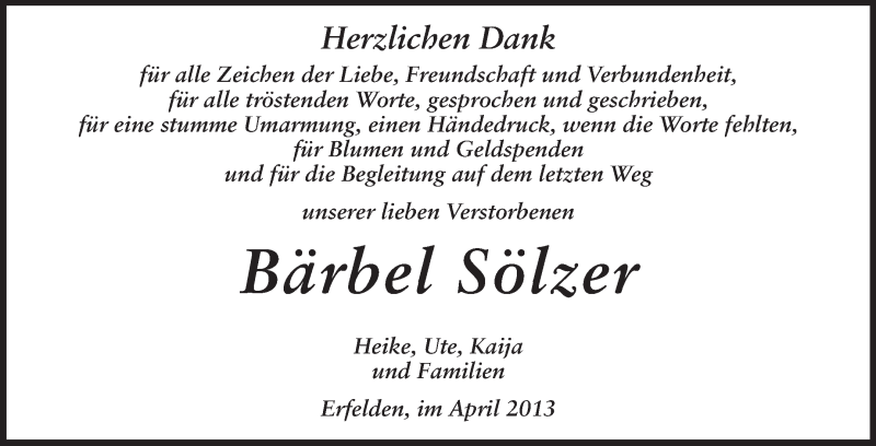  Traueranzeige für Bärbel Sölzer vom 06.04.2013 aus Rüsselsheimer Echo, Groß-Gerauer-Echo, Ried Echo