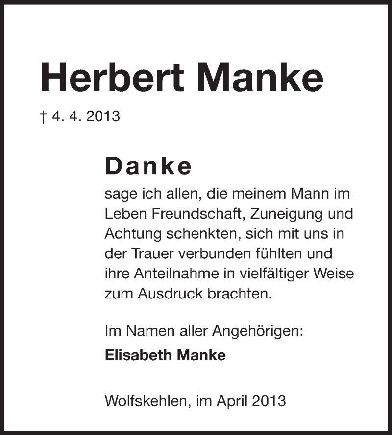  Traueranzeige für Herbert Manke vom 20.04.2013 aus Rüsselsheimer Echo, Groß-Gerauer-Echo, Ried Echo