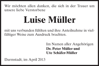 Traueranzeige von Luise Müller von Echo-Zeitungen (Gesamtausgabe)
