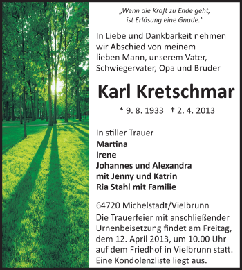 Traueranzeige von Karl Kretschmar von Odenwälder Echo