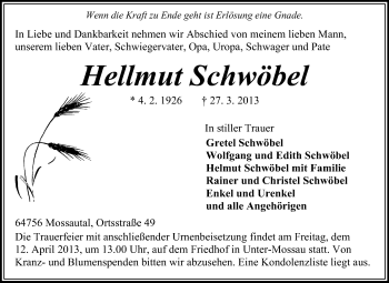 Traueranzeige von Hellmut Schwöbel von Odenwälder Echo