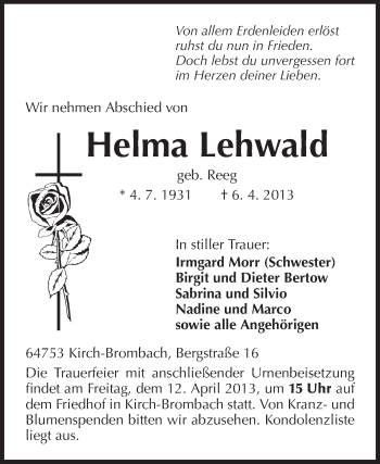 Traueranzeige von Helma Lehwald von Odenwälder Echo
