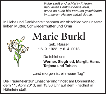 Traueranzeige von Marie Burkl von Echo-Zeitungen (Gesamtausgabe)