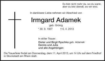 Traueranzeige von Irmgard Adamek von Rüsselsheimer Echo, Groß-Gerauer-Echo, Ried Echo