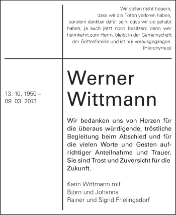 Traueranzeige von Werner Wittmann von Echo-Zeitungen (Gesamtausgabe)