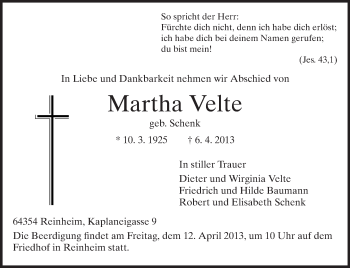 Traueranzeige von Martha Velte von Echo-Zeitungen (Gesamtausgabe)
