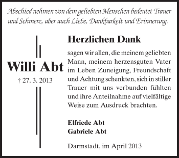 Traueranzeige von Willi Abt von Darmstädter Echo, Odenwälder Echo, Rüsselsheimer Echo, Groß-Gerauer-Echo, Ried Echo
