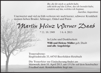 Traueranzeige von Martin Heinz Werner Daab von Odenwälder Echo