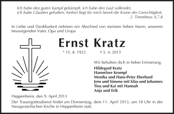 Traueranzeige von Ernst Kratz von Starkenburger Echo