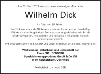 Traueranzeige von Wilhelm Dick von Odenwälder Echo