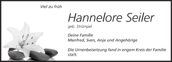Traueranzeige von Hannelore Seiler von Rüsselsheimer Echo, Groß-Gerauer-Echo, Ried Echo