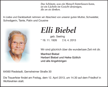 Traueranzeige von Elli Biebel von Rüsselsheimer Echo, Groß-Gerauer-Echo, Ried Echo
