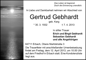 Traueranzeige von Gertrud Gebhardt von Odenwälder Echo