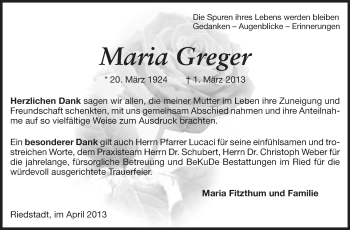 Traueranzeige von Maria Greger von Rüsselsheimer Echo, Groß-Gerauer-Echo, Ried Echo
