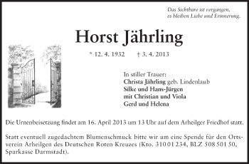 Traueranzeige von Horst Jährling von Echo-Zeitungen (Gesamtausgabe)