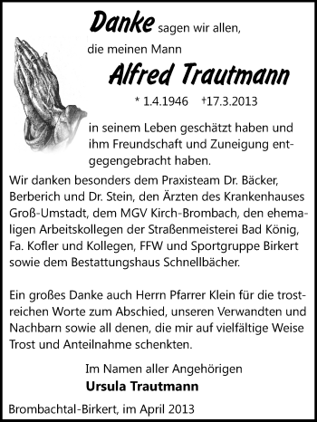 Traueranzeige von Alfred Trautmann von Odenwälder Echo
