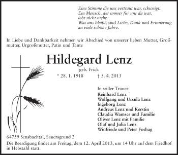 Traueranzeige von Hildegard Lenz von Odenwälder Echo