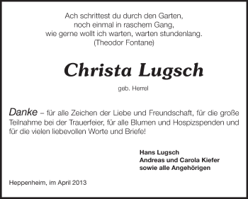Traueranzeige von Christa Lugsch von Starkenburger Echo