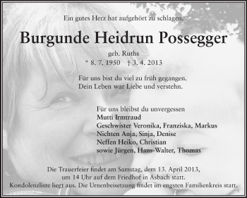 Traueranzeige von Burgunde Heidrun Possegger von Echo-Zeitungen (Gesamtausgabe)