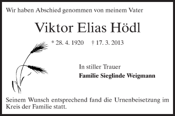 Traueranzeige von Viktor Elias Hödl von Echo-Zeitungen (Gesamtausgabe)