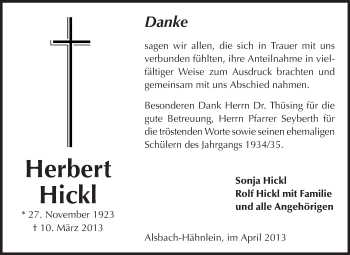 Traueranzeige von Herbert Hickl von Echo-Zeitungen (Gesamtausgabe)