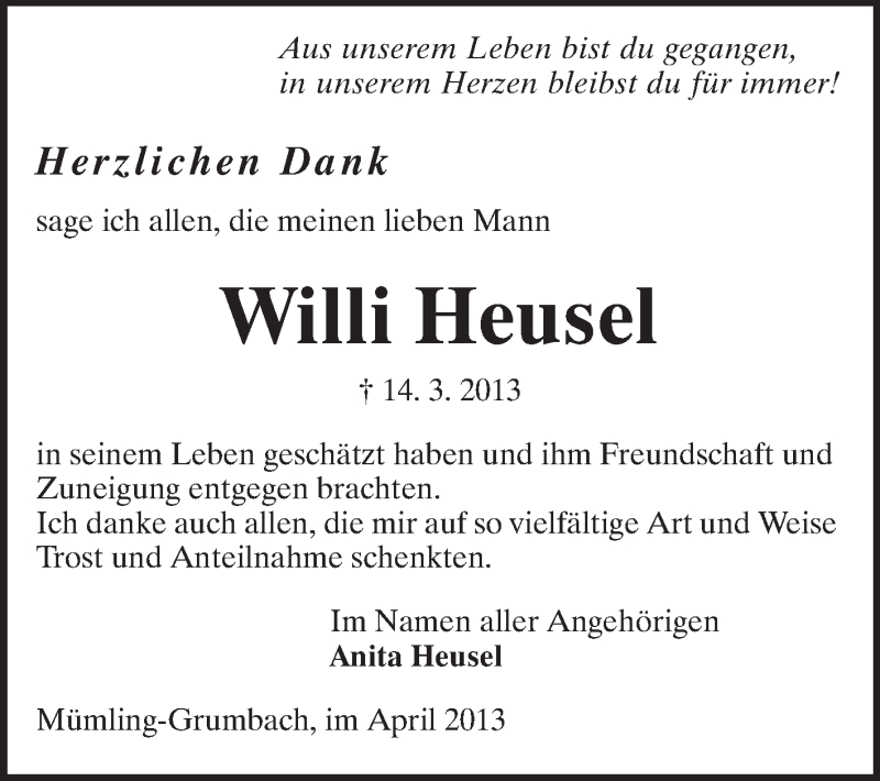  Traueranzeige für Willi Heusel vom 12.04.2013 aus Odenwälder Echo