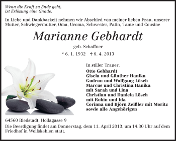 Traueranzeige von Marianne Gebhardt von Rüsselsheimer Echo, Groß-Gerauer-Echo, Ried Echo