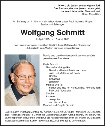 Traueranzeige von Wolfgang Schmitt von Echo-Zeitungen (Gesamtausgabe)