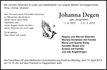 Traueranzeige von Johanna Degen von Starkenburger Echo, Bergsträßer Anzeiger
