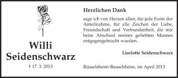 Traueranzeige von Willi Seidenschwarz von Rüsselsheimer Echo, Groß-Gerauer-Echo, Ried Echo