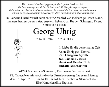 Traueranzeige von Georg Uhrig von Odenwälder Echo