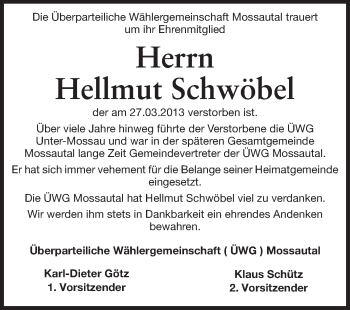 Traueranzeige von Hellmut Schwöbel von Odenwälder Echo