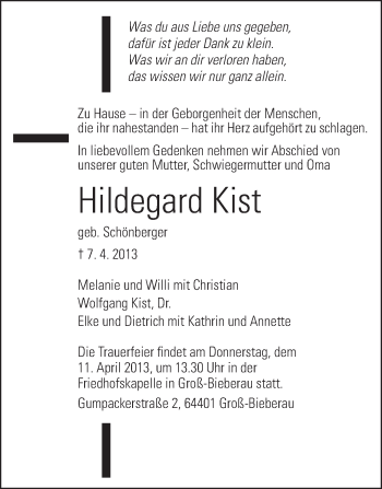 Traueranzeige von Hildegard Kist von Echo-Zeitungen (Gesamtausgabe)
