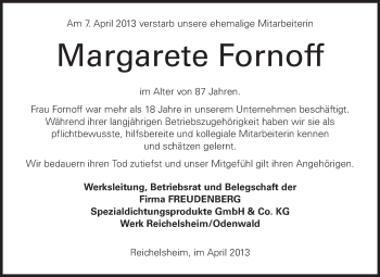 Traueranzeige von Margarete Fornoff von Odenwälder Echo