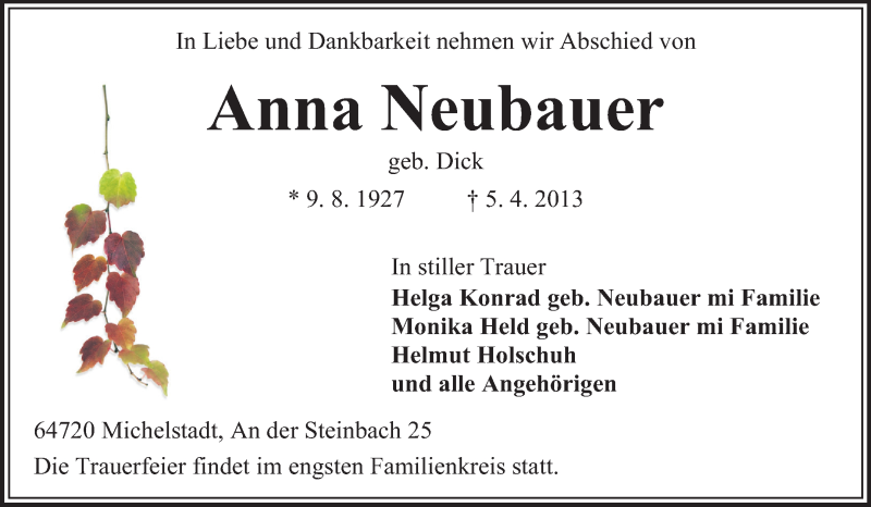  Traueranzeige für Anna Neubauer vom 13.04.2013 aus Odenwälder Echo