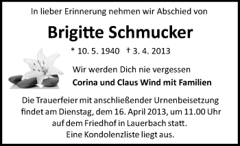 Traueranzeige von Brigitte Schmucker von Odenwälder Echo