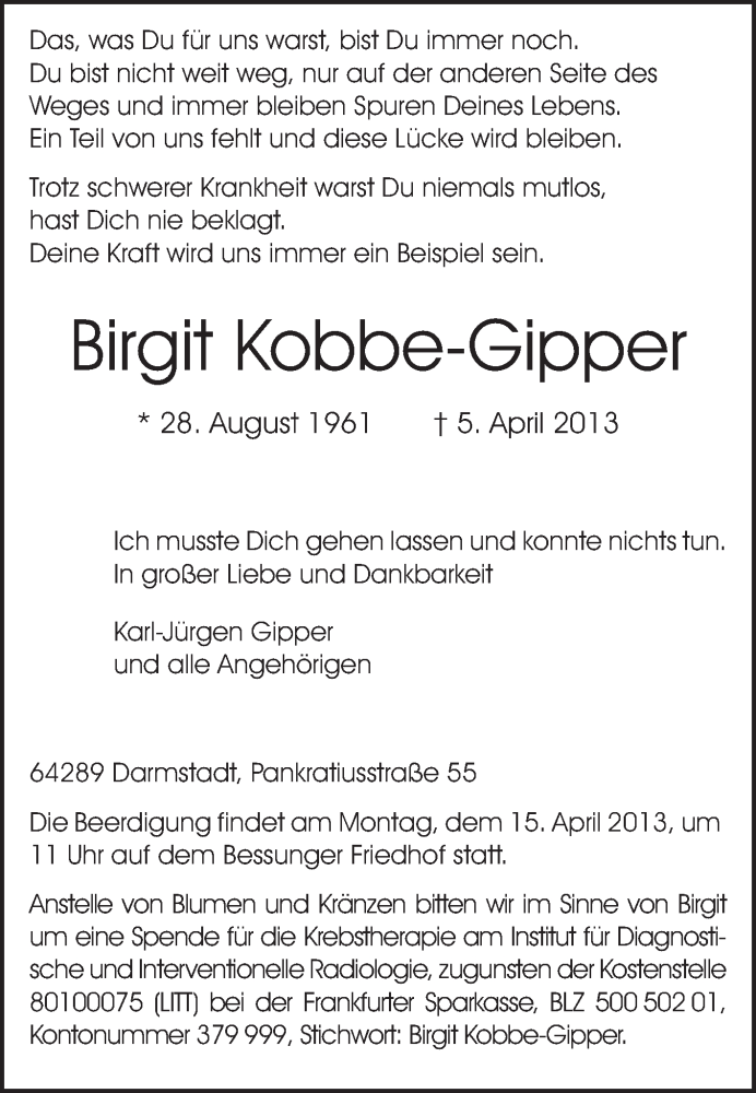  Traueranzeige für Birgit Kobbe-Gipper vom 13.04.2013 aus Echo-Zeitungen (Gesamtausgabe)