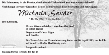 Traueranzeige von Michaela Sander von Odenwälder Echo