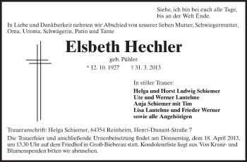 Traueranzeige von Elsbeth Hechler von Echo-Zeitungen (Gesamtausgabe)