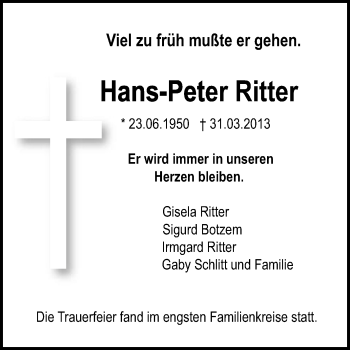 Traueranzeige von Hans-Peter Ritter von Darmstädter Echo, Odenwälder Echo, Rüsselsheimer Echo, Groß-Gerauer-Echo, Ried Echo