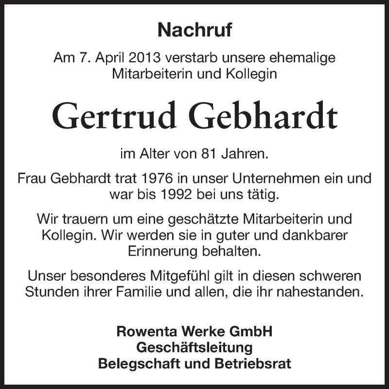  Traueranzeige für Gertrud Gebhardt vom 12.04.2013 aus Odenwälder Echo