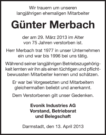 Traueranzeige von Günter Merbach von Echo-Zeitungen (Gesamtausgabe)