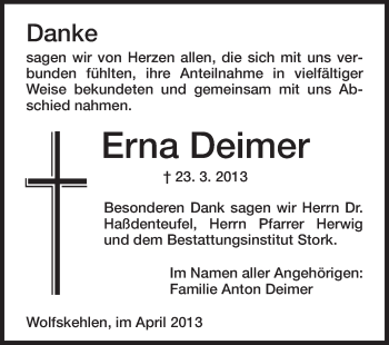 Traueranzeige von Erna Deimer von Rüsselsheimer Echo, Groß-Gerauer-Echo, Ried Echo