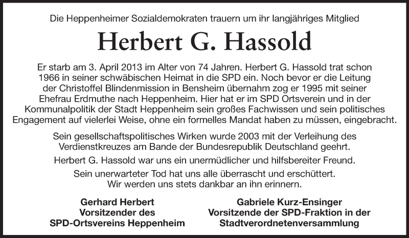  Traueranzeige für Herbert Hassold vom 11.04.2013 aus Starkenburger Echo