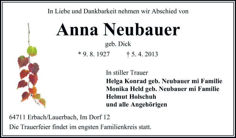  Traueranzeige für Anna Neubauer vom 13.04.2013 aus Odenwälder Echo