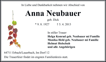 Traueranzeige von Anna Neubauer von Odenwälder Echo