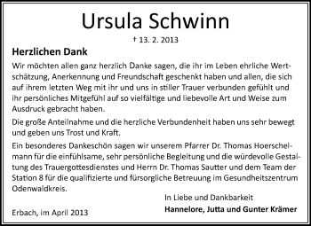 Traueranzeige von Ursula Schwinn von Odenwälder Echo